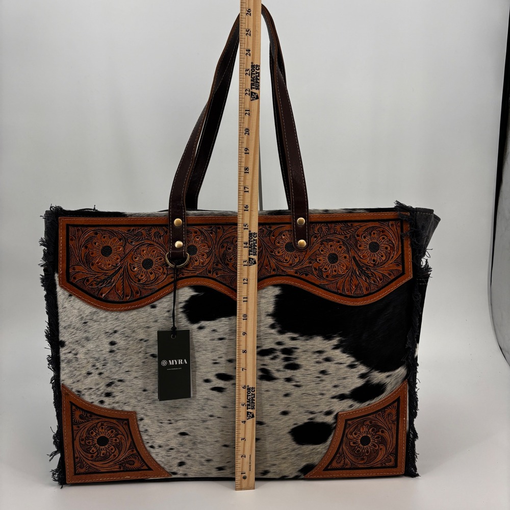 Myra Bag Cartwright Tote Bag Womens Large Black Cowhide Hand-Tooled S-7870 - Picture 3 of 12